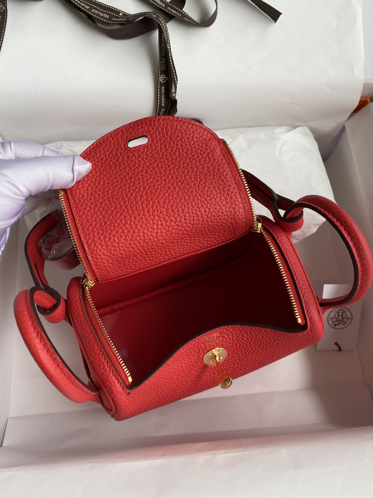 Hermes Mini Lindy 19cm Handbag Shoulder Bag In Red Clemence Leather